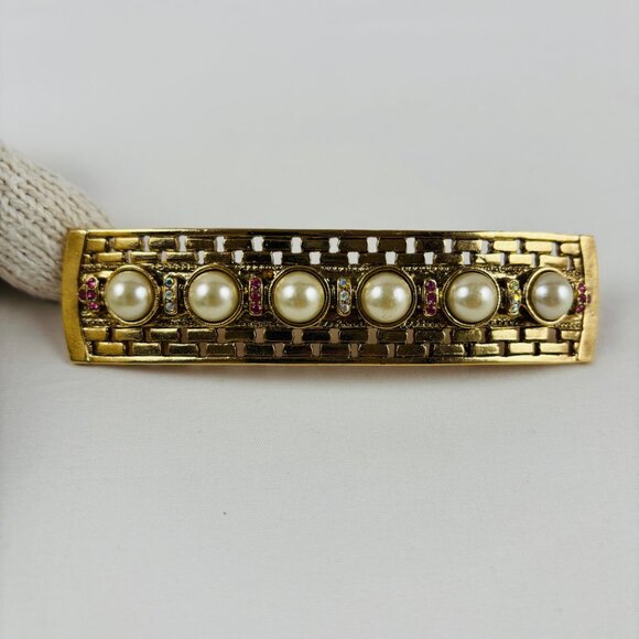 VTG Barrette Gold Tone Faux Pearls Rhinestones Hair Clasp France main image 7